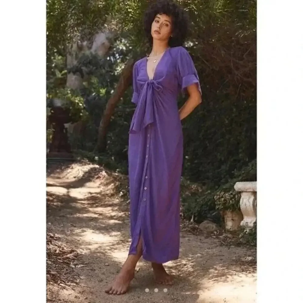 NWT Free People Vintage Summer Midi Dress Sz L Fits M Linen Blend Button Purple - Picture 1 of 16